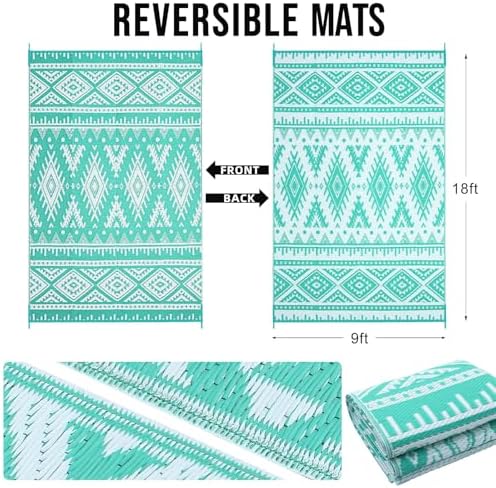 OLANLY Outdoor Rug 9x18 ft Waterproof Reversible Mat, Turquoise & White - Image 2