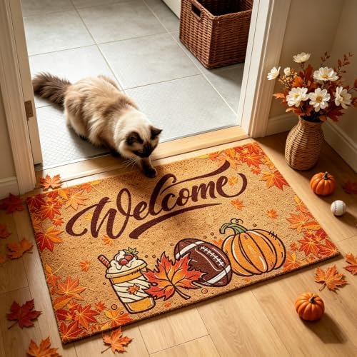 Pumpkin Football Fall Welcome Door Mat, Fall Maple Leaves Doormat by Unknown