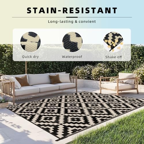 Favoyard Outdoor Rug Black & Beige 5x8 ft Waterproof Reversible Carpet Mat - Image 5
