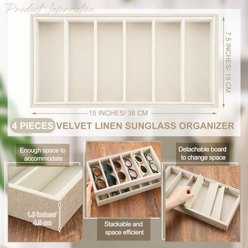 Juexica 4 Pcs Velvet Sunglass Trays 6 Grids Sunglasses Organizer - Image 2