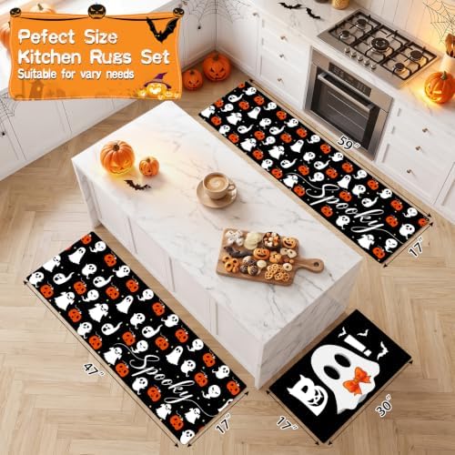 Halloween Kitchen Mats Set of 3, Bow Ghost Kitchen Rugs Floor Mats - Image 6