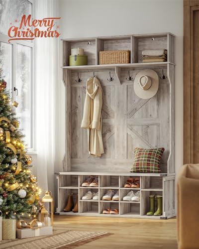 VASAGLE Hall Tree with Bench and Shoe Storage, 16 Open Compartments - Image 2