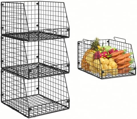 3 Pack XXL Stackable Wire Baskets, Large Storage Bins by Jakyitvi