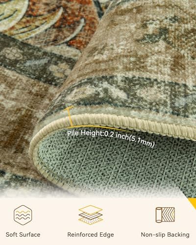 RELEANY Washable Area Rug, Round 7ft, Brick/Brown/Green - Image 3