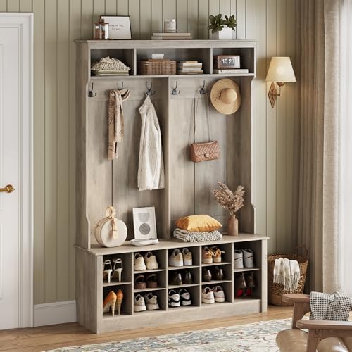 Wodeer Hall Tree with Bench and Shoe Storage, 6 Hooks, 12 Shoe Cubbies by WODEER