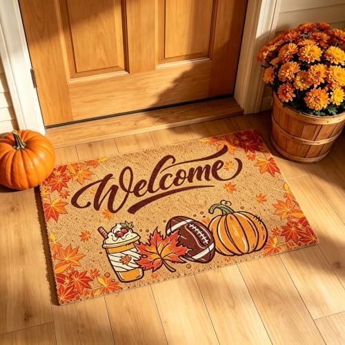 Pumpkin Football Fall Welcome Door Mat, Fall Maple Leaves Doormat - Image 3