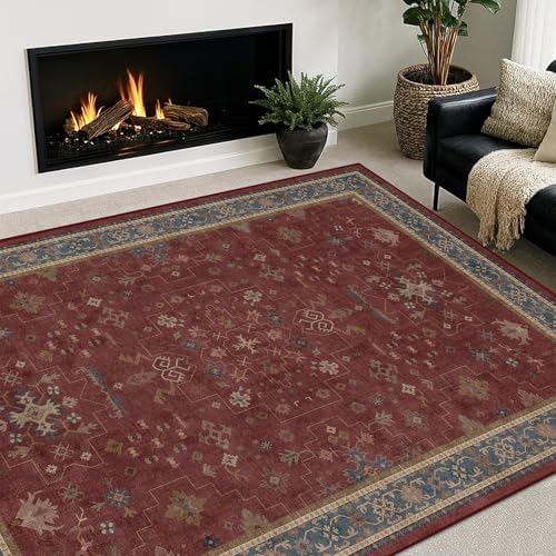5x8 Boho Dark Red Rug for Living Room by HazoHaus