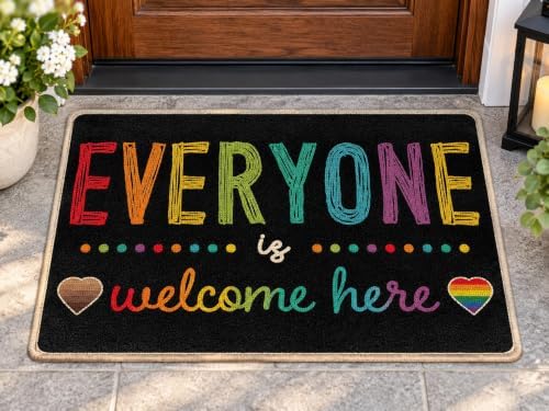 Everyone is Welcome Here Equality Front Door Mat, Pride Rainbow by Livcoz