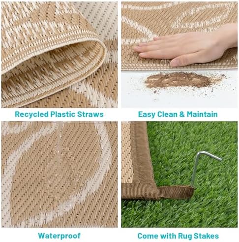 HEBE Waterproof Outdoor Rug 9'x12', Floral Reversible Plastic Patio Rug - Image 4