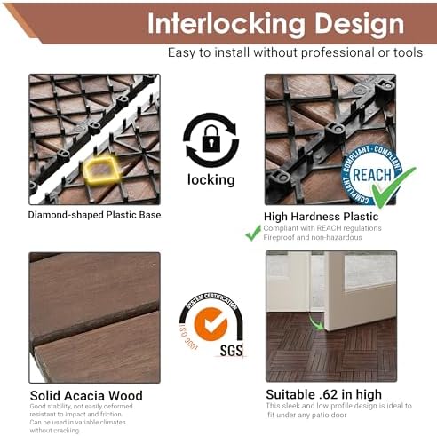 PrimeZone 162 PCS Solid Acacia Wood Interlocking Patio Deck Tiles Outdoor - Image 4