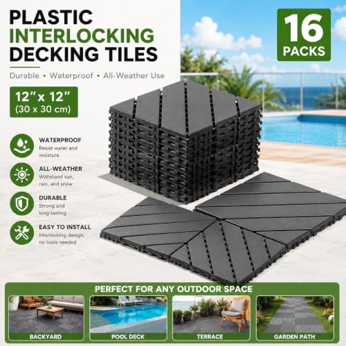 Interlocking Decking 16 Pack Plastic 12"x12" Deck Tiles Outdoor Dark Gray A - Image 2