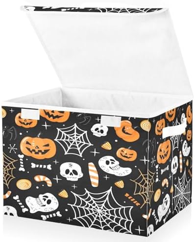Bolaz Storage Bins with Lids and Handles, Halloween Seamless Pumpkins Spider by Unknown