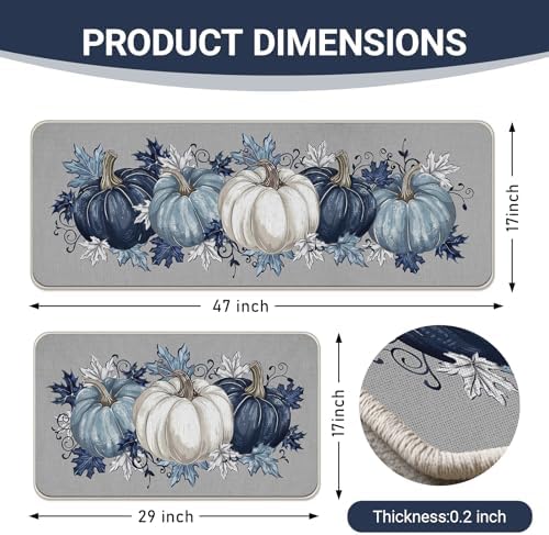 Fall Blue White Pumpkin Kitchen Rugs Set of 2 - Image 3