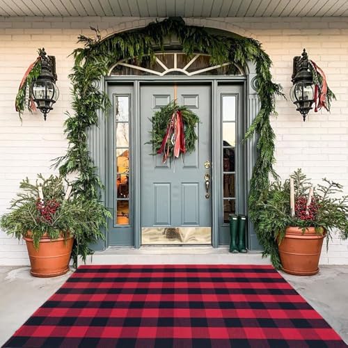 Red and Black Plaid Rug, Cotton Woven Rug by BOTTA