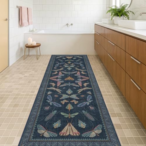 2x7 Navy Blue Runner Rug, Washable Vintage Insect Carpet - Image 3