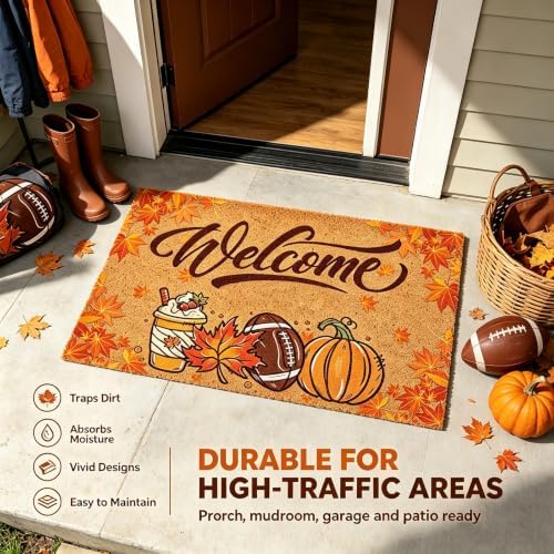 Pumpkin Football Fall Welcome Door Mat, Fall Maple Leaves Doormat - Image 5