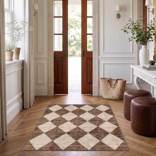 Brown Beige Checkered Entry Rug - Image 4