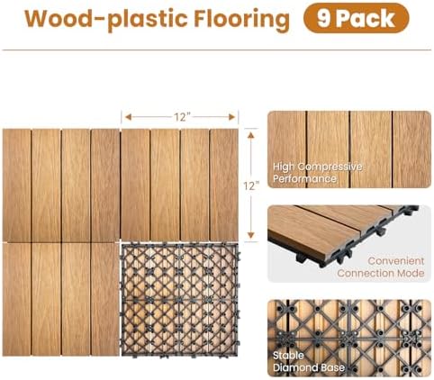 9PCS Teak 12"x12" WPC Composite Deck Tiles, Snap Together Interlocking Flooring - Image 2