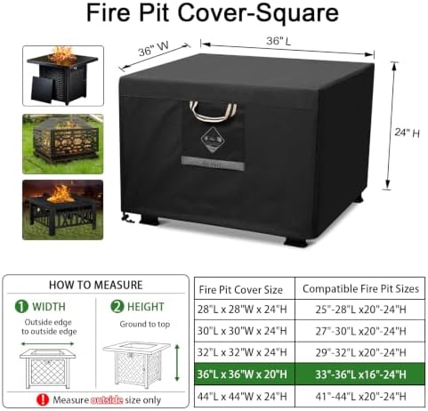 QH.HOME Fire Pit Cover Square 36", 600D Heavy Duty Fabric 100% Waterproof - Image 2