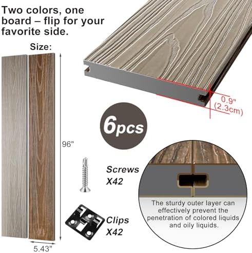 Outdoor Solid 8ft Composite Decking Boards 6 Pcs, Teak&Ancient Wood - Image 2