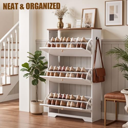 Nicetree 3 Flip‑Drawer Shoe Cabinet, Walnut Top, 9.5" Deep, Light White - Image 4