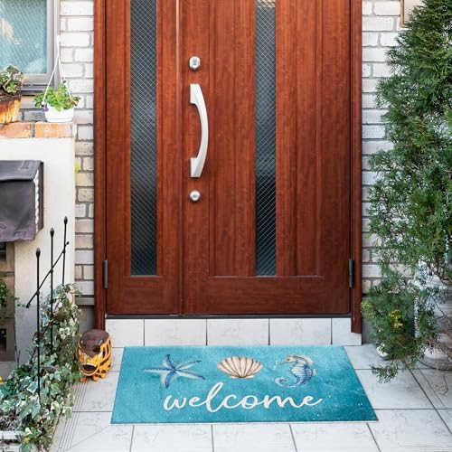 Jvpke Blue Beach Welcome Mat for Front Door, Beach Door Mat, Starfish Seashell - Image 2