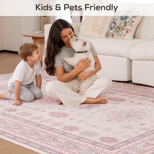 5x7 Living Room Rug, Washable Non Slip Distressed Boho Vintage Carpet - Image 3
