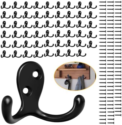 Homanu 54 Pack Black Coat Hooks Wall Mounted Double Prong by Homanu