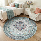 RELEANY Washable Area Rug, Round 5ft, Teal Green/White/Navy - Image 2