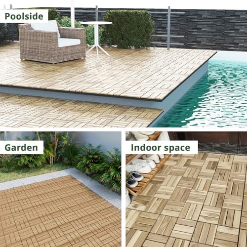 BEEFURNI Interlocking Acacia Wood Deck Tiles 12x12, Natural Yellow - Image 2