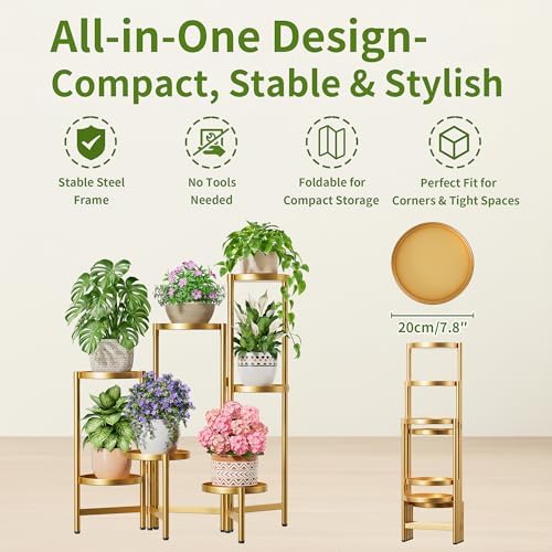 Stand Plants Gold, 7 Tiered Corner Plant Stand Indoor Outdoor, Tall Folding Rack - Image 5