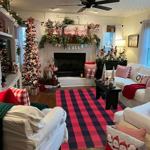 Red and Black Plaid Rug, Cotton Woven Rug - Image 5