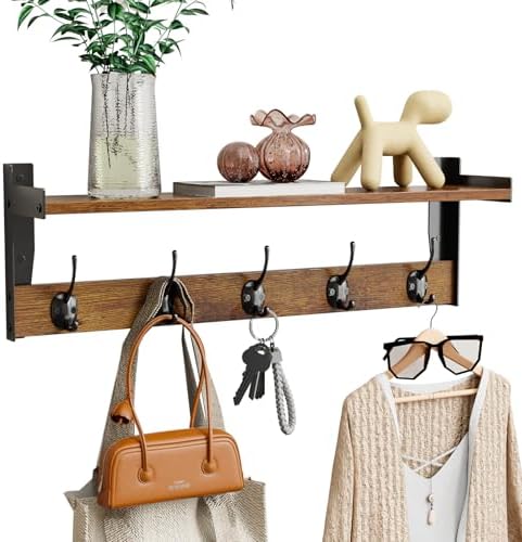 Coat Rack with Wall Mount, 23 Inch Long Entryway Wall Shelf with Hooks by FNBAR