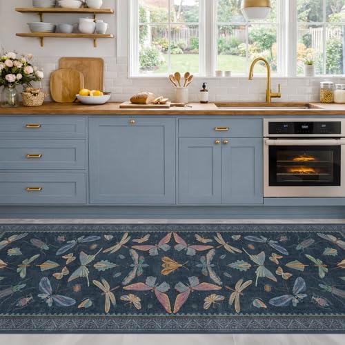 2x7 Navy Blue Runner Rug, Washable Vintage Insect Carpet by HazoHaus