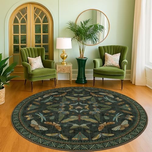 Dark Green Insect 6ft Round Washable Area Rug by HazoHaus