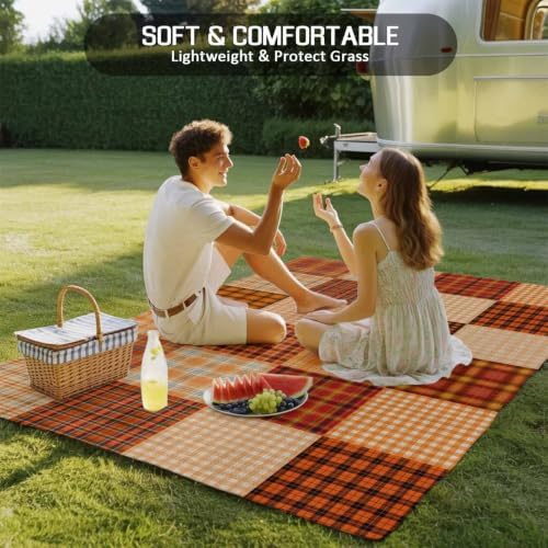 Outdoor Rug, Fall Orange Plaid Gingham Check Indoor Area Rug Outdoor Carpet RV - Image 6