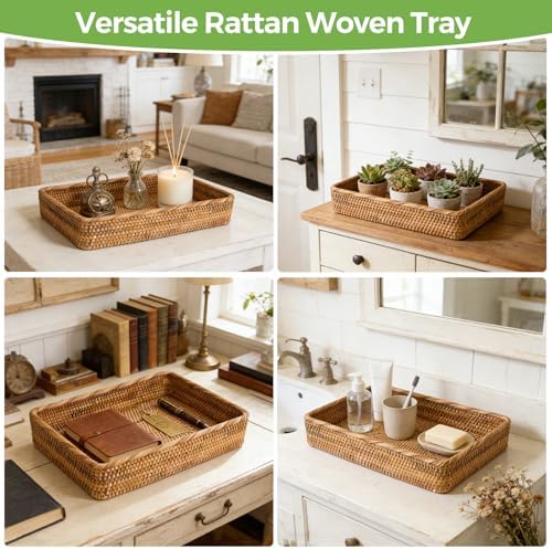 Large Rattan Serving Tray, Rectangle Wicker Storage Basket - Image 6