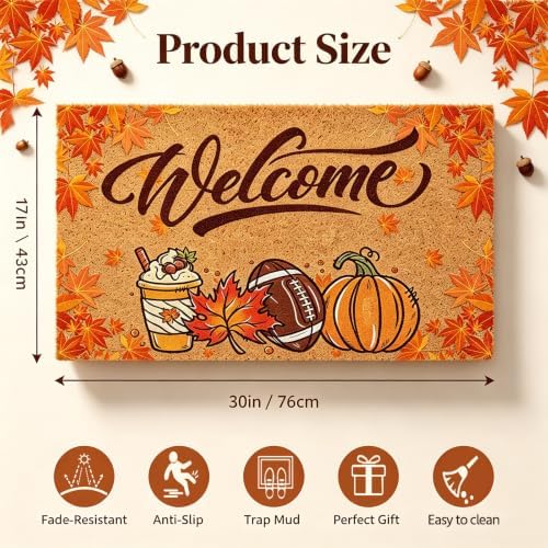 Pumpkin Football Fall Welcome Door Mat, Fall Maple Leaves Doormat - Image 2