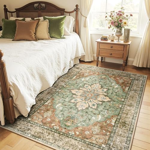 RELEANY Washable Area Rug, Brick/Brown/Green by RELEANY