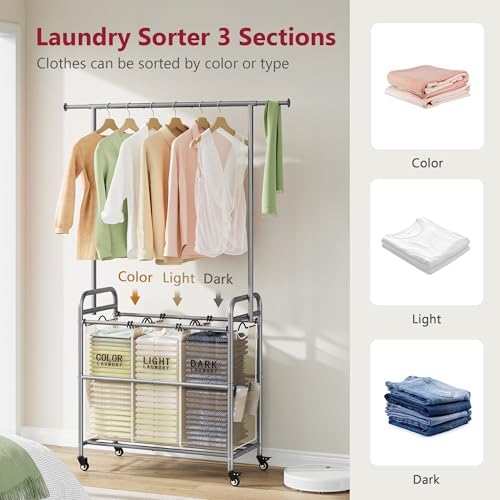 Tajsoon Laundry Hamper with Hanging Rack, Laundry Sorter 3 Section - Image 4