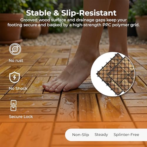 Majestick Goods 24-Pack Slat Acacia Wood Interlocking Deck Tiles - Image 6
