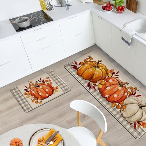 Fall Pumpkin Kitchen Rugs Set of 2, Autumn Thanksgiving Leaves Floor - Image 2