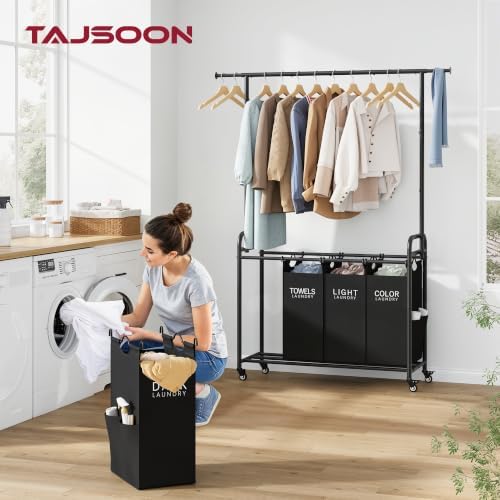 Tajsoon Laundry Sorter with Hanging Bar, 4 Section Laundry Hamper - Image 2
