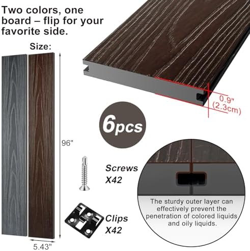 Outdoor Solid 8ft Composite Decking Boards 6 Pcs, Rosewood and Light Grey - Image 2