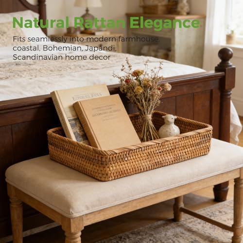 Large Rattan Serving Tray, Rectangle Wicker Storage Basket - Image 4