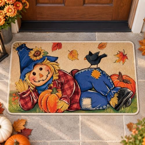 Fall Scarecrow Decorative Front Door Mat, Autumn Pumpkin Crow by Tailus