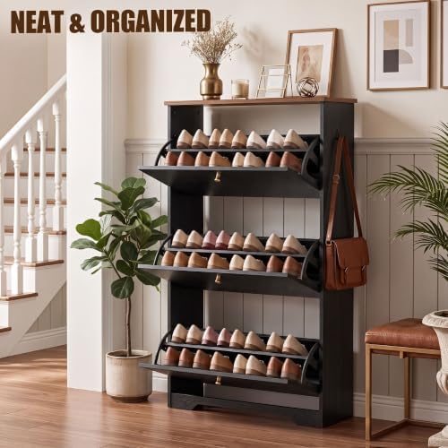 Nicetree 3 Flip‑Drawer Shoe Cabinet, Walnut Top, 9.5" Deep, Light Black - Image 4