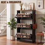 Nicetree 3 Flip‑Drawer Shoe Cabinet, Walnut Top, 9.5" Deep, Light Black - Image 4