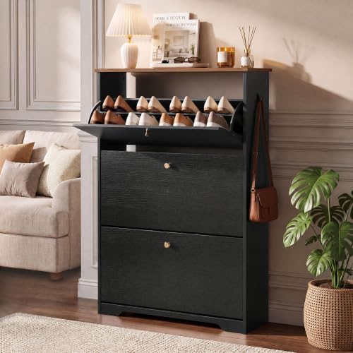Nicetree 3 Flip‑Drawer Shoe Cabinet, Walnut Top, 9.5" Deep, Light Black by Nicetree