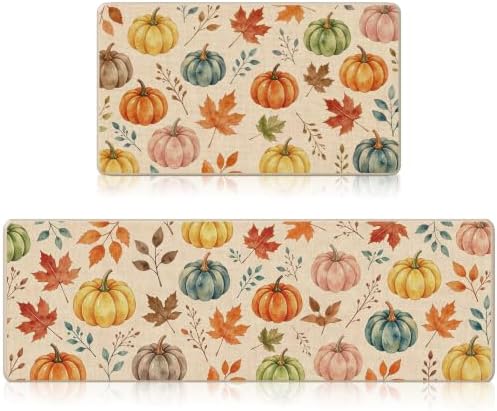 Fall Kitchen Mats Set of 2, Autumn Pumpkin Maple Leaf Kitchen Rugs by VISSTREE